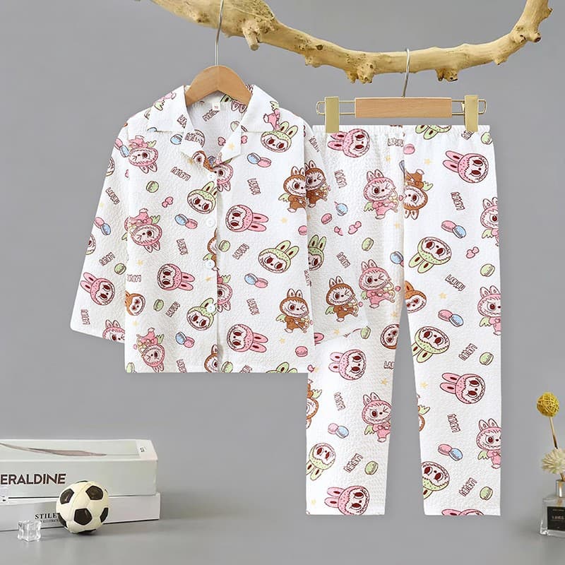 Children's Pajamas Homewear Spring Autumn New Style Turn-down Collar Long Sleeve Girls' Pajama Set Loose Fit Middle and Big Kids Air-conditioning Wear