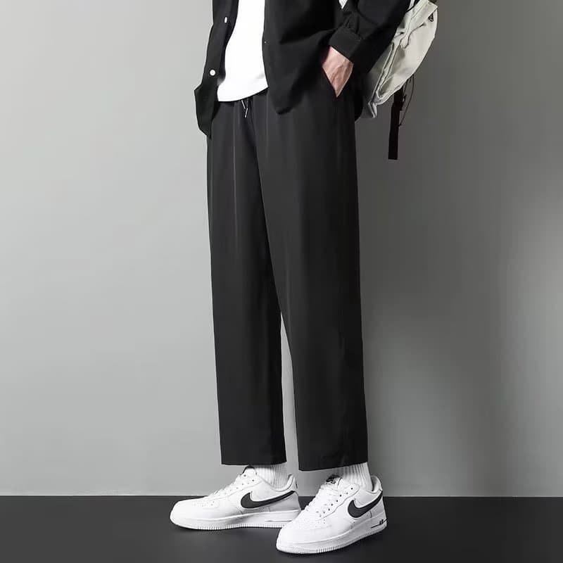 Summer Men's Ice Silk Straight-Leg Pants, Loose Fit, Trendy Fashion Brand, Cropped Pants, Sports Pants, Casual Pants, Harajuku Style, Solid Color