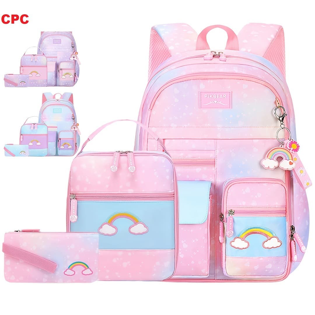 school bag cross-border three-piece set primary school bag girl cute rainbow backpack extra large capacity backpack