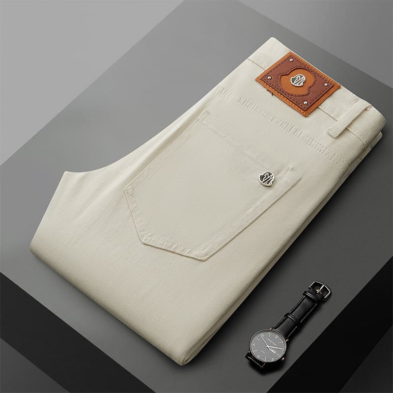 Summer Lightweight Premium Beige Combed Cotton Men's Jeans Soft Luxury Stretch Business Slim Fit Versatile Pants