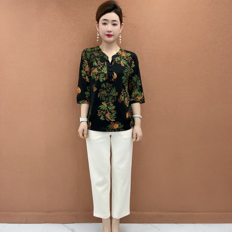 Drop Shipping Live Stream Hot Item 2026 Summer New Fashionable Three-Quarter Sleeve Versatile Age-Defying T-Shirt