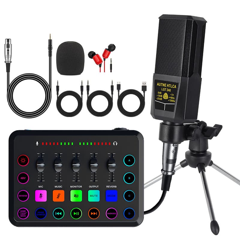 V8S English Sound Card Device Live Streaming Full Desktop Tripod Kit for Phone Singing, Computer Recording, Phone and Computer Sound Card