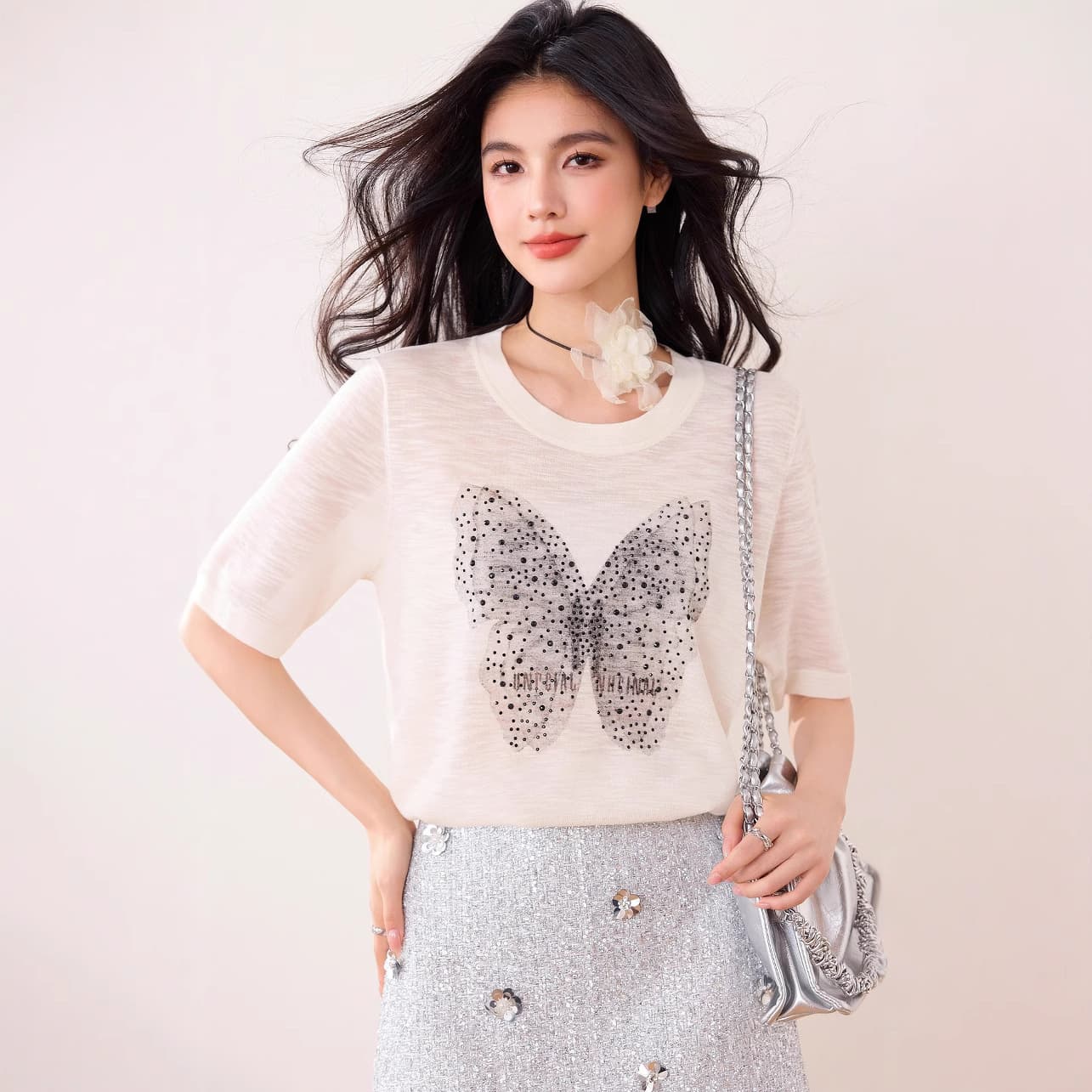 2025 Summer Butterfly Print Knit Top, Lightweight Summer Round Neck Short Sleeve Shirt, Breathable and Comfortable, Pure and Alluring Style
