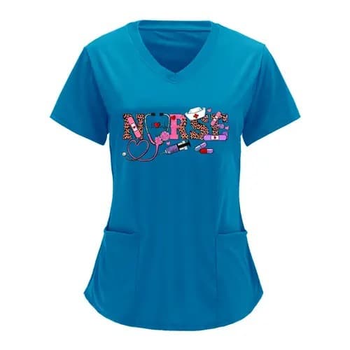 2025 Women's V-Neck Short Sleeve 3D Digital Print Solid Color High-End Simple Regular Fit Double Pocket T-Shirt Nurse Uniform
