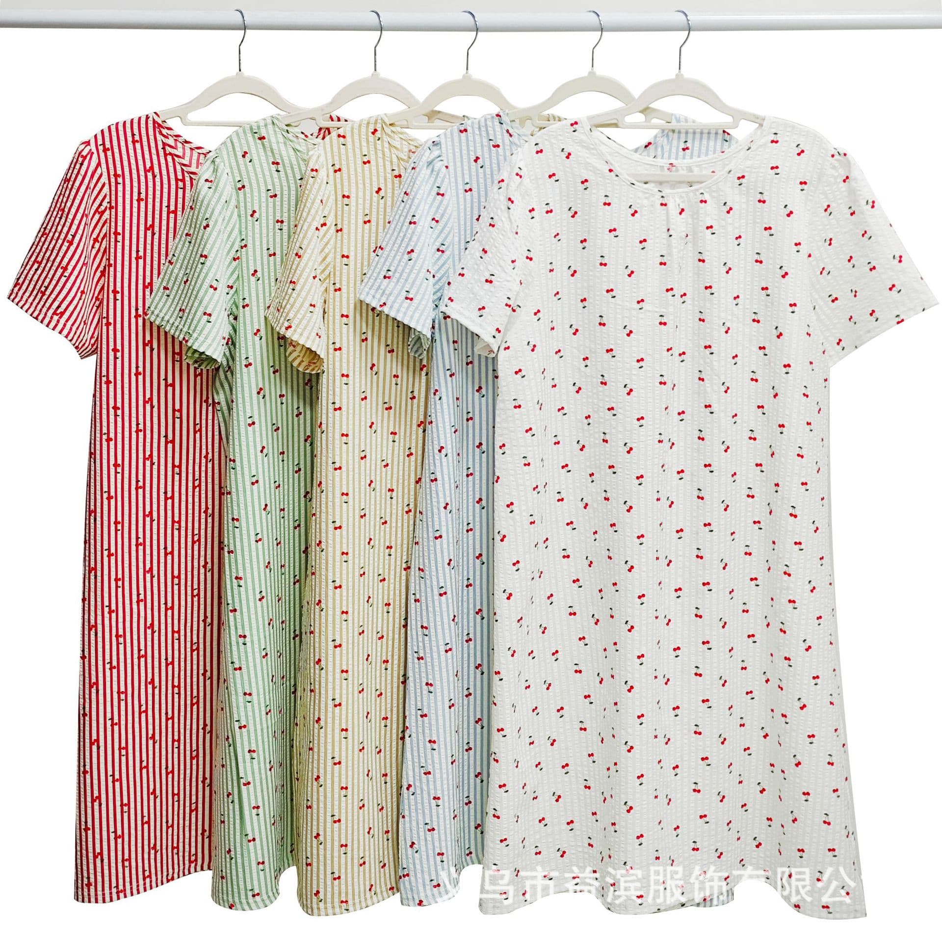 2026 New Korean Style Ins-Style Cute Little Cherry Bubble Cotton Nightgown Cartoon Loose Short-Sleeved Home Wear for Women