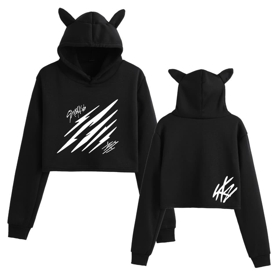New Cross-Border Stray Kids Merchandise Sexy Crop Top Cat Ear Women's Fashion Hoodie Spring/Autumn