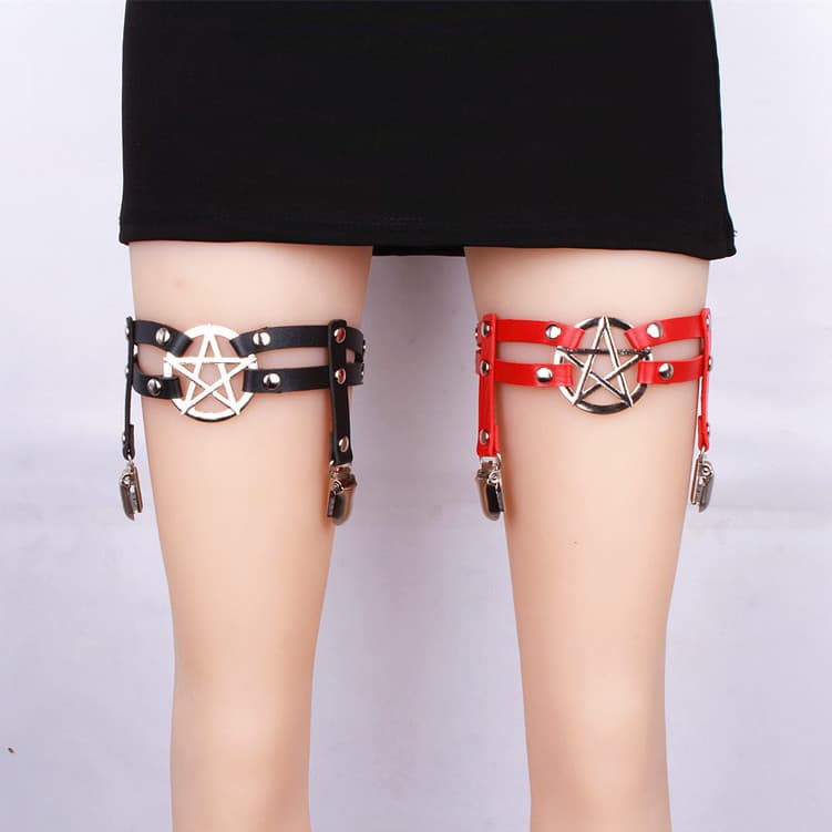 Euro-American punk sexy PU leather pentagram pointed stud leg garters for street dance and rock style double-row garter belts.