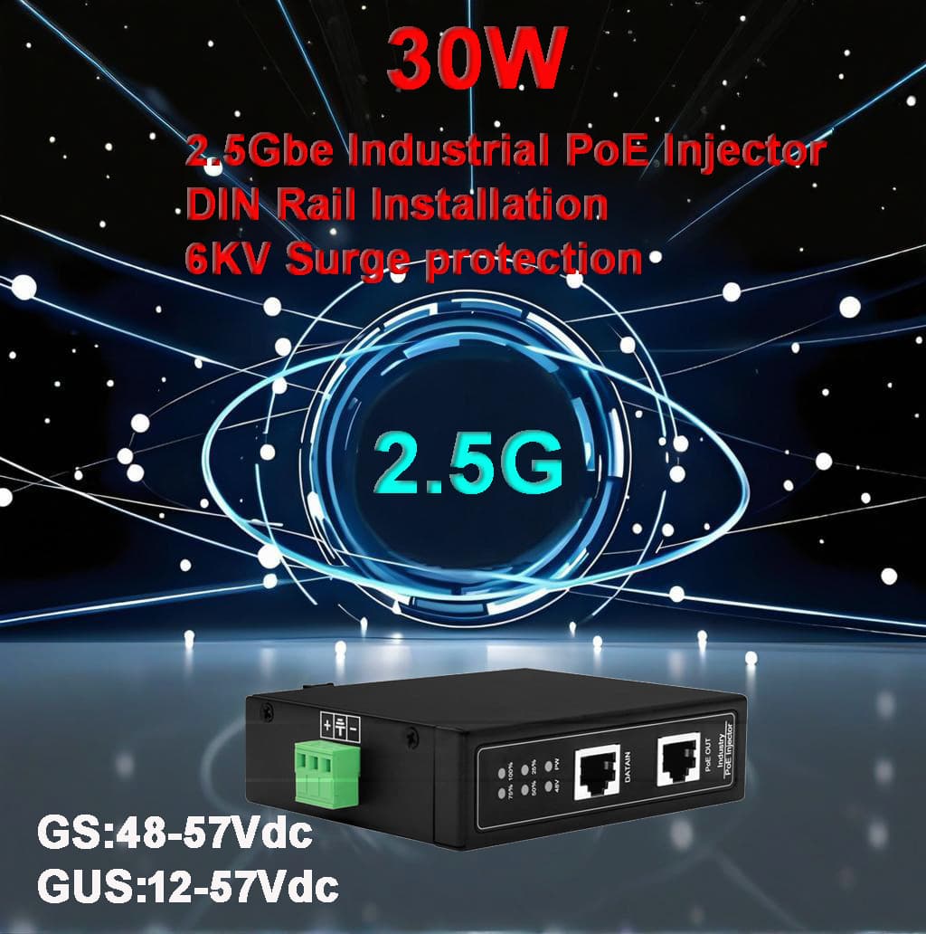 2.5G Industrial POE Injector 30W, 6KV Surge Protection, 12/48V