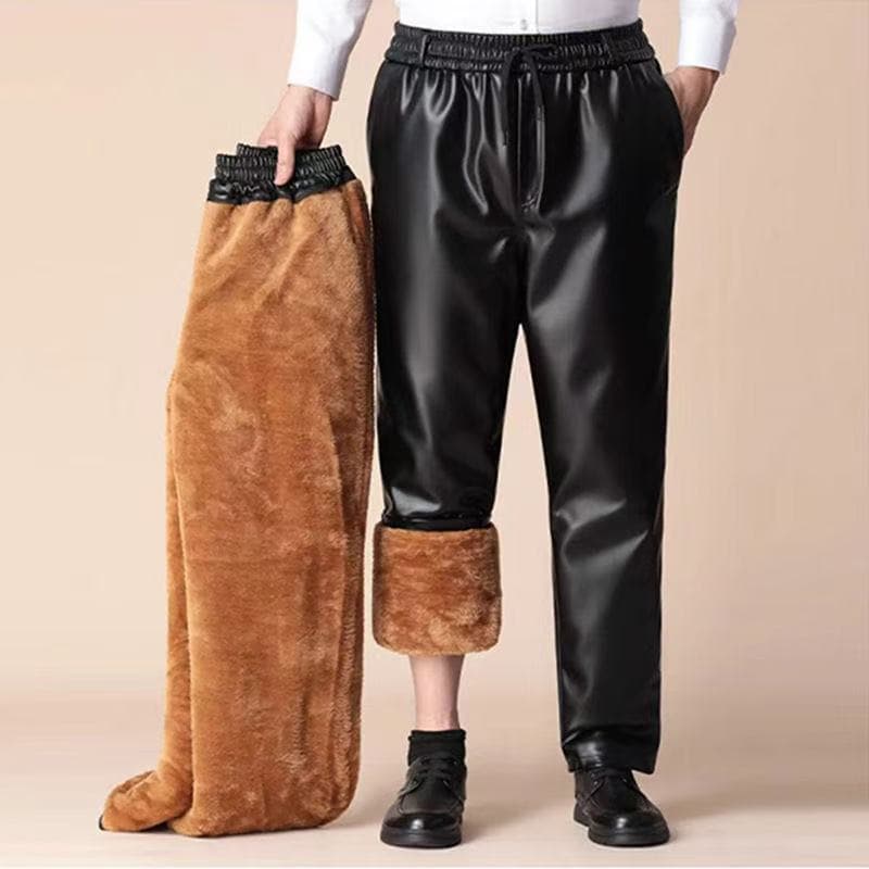 Men's Winter Fleece-Lined Thickened Leather Pants for Motorcycle Riding, Delivery, and Driving, Windproof, Waterproof, Warm, and Insulated