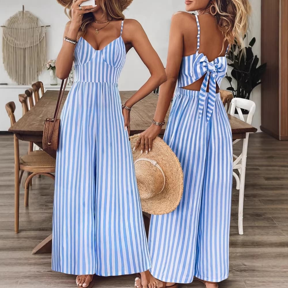 In Stock Cross-border Trade Women's Fashion Dress with Thin Straps, Backless Design, and Large Bowknot, Jumpsuit