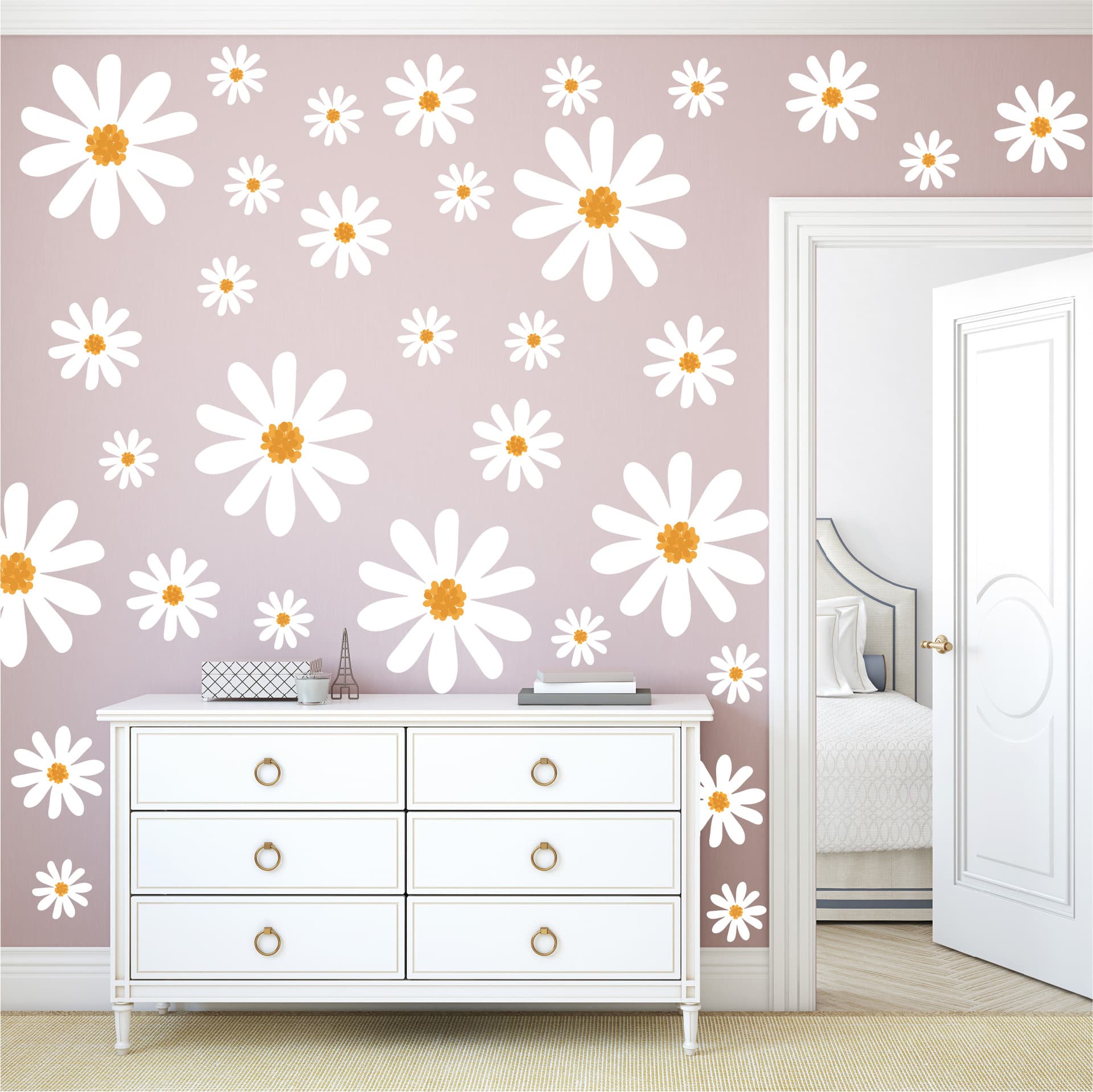 Cross-Border White Daisy Flower Wall Stickers Large Size Anti-Collision Children's Room Background Wall Decoration Self-Adhesive Wall Stickers