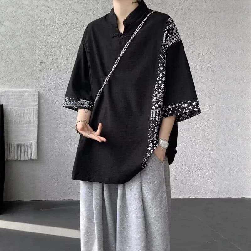 New Chinese style stand collar plate buckle cashew flower short-sleeved T-shirt for men summer Chinese style Tang suit design half-sleeved splicing top