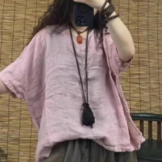 2025 New Summer Pure Color Linen Women's Artistic Shirt Loose Large Version Bat Sleeve Short-Sleeved Top T-Shirt