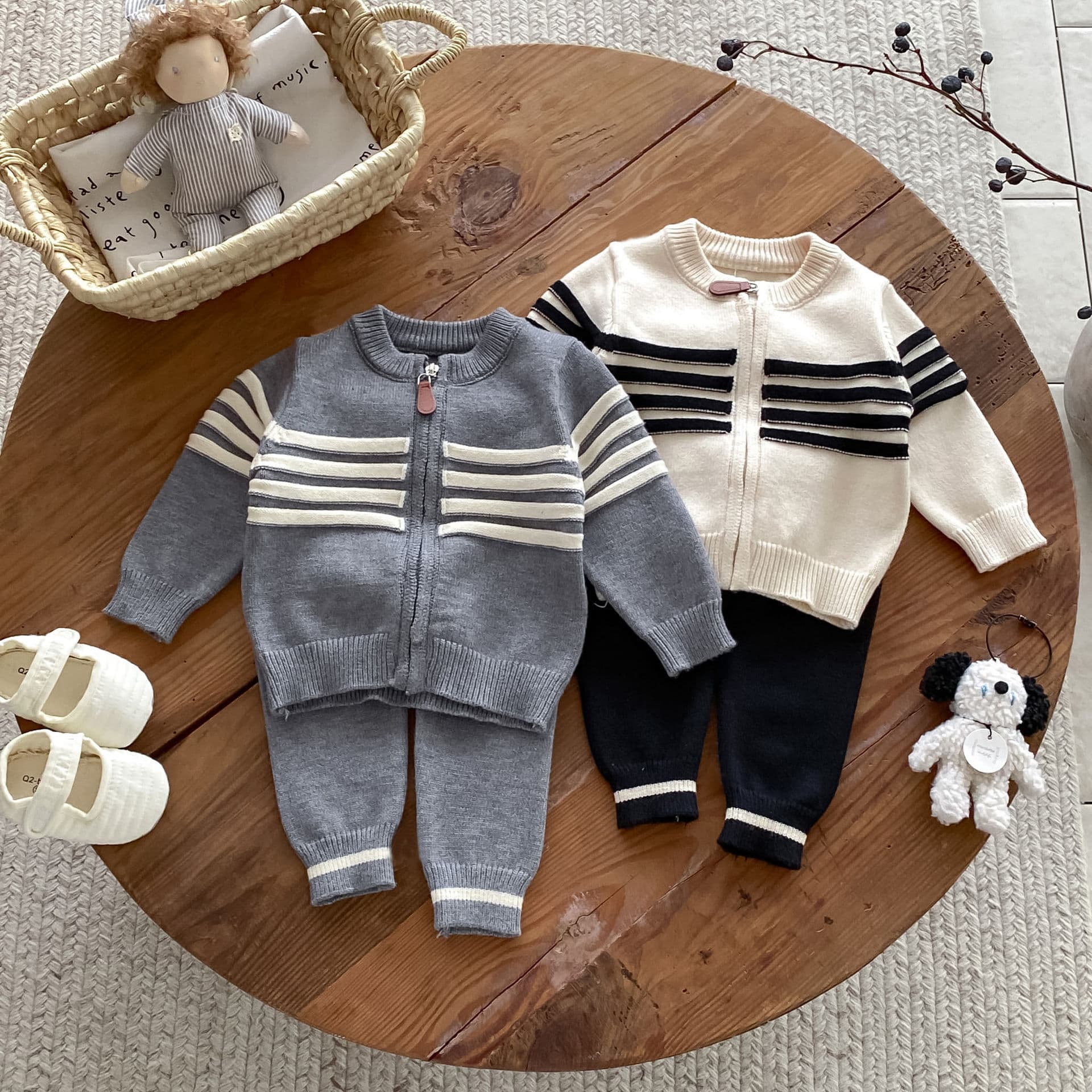 Autumn Winter Baby Boys Girls Knitted Set Infant Zip-Up Jacket Cardigan Stylish Pants Two-Piece Set Trendy