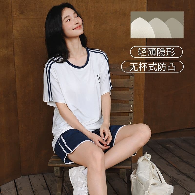 Women's Summer Short Sleeve Sleepwear with Bra Inserts, Modal Cool-Touch Sporty Pullover Homewear Two-Piece Set