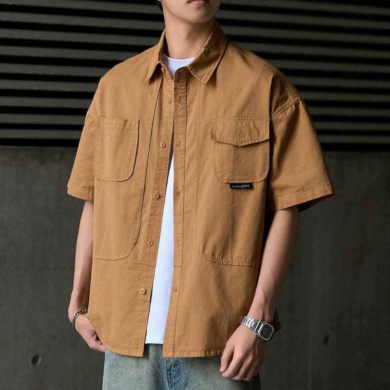 Japanese Vintage Workwear Short Sleeve Shirt for Men Summer Thin Trendy Half Sleeve Shirt Casual Loose Shirt Jacket Trendy
