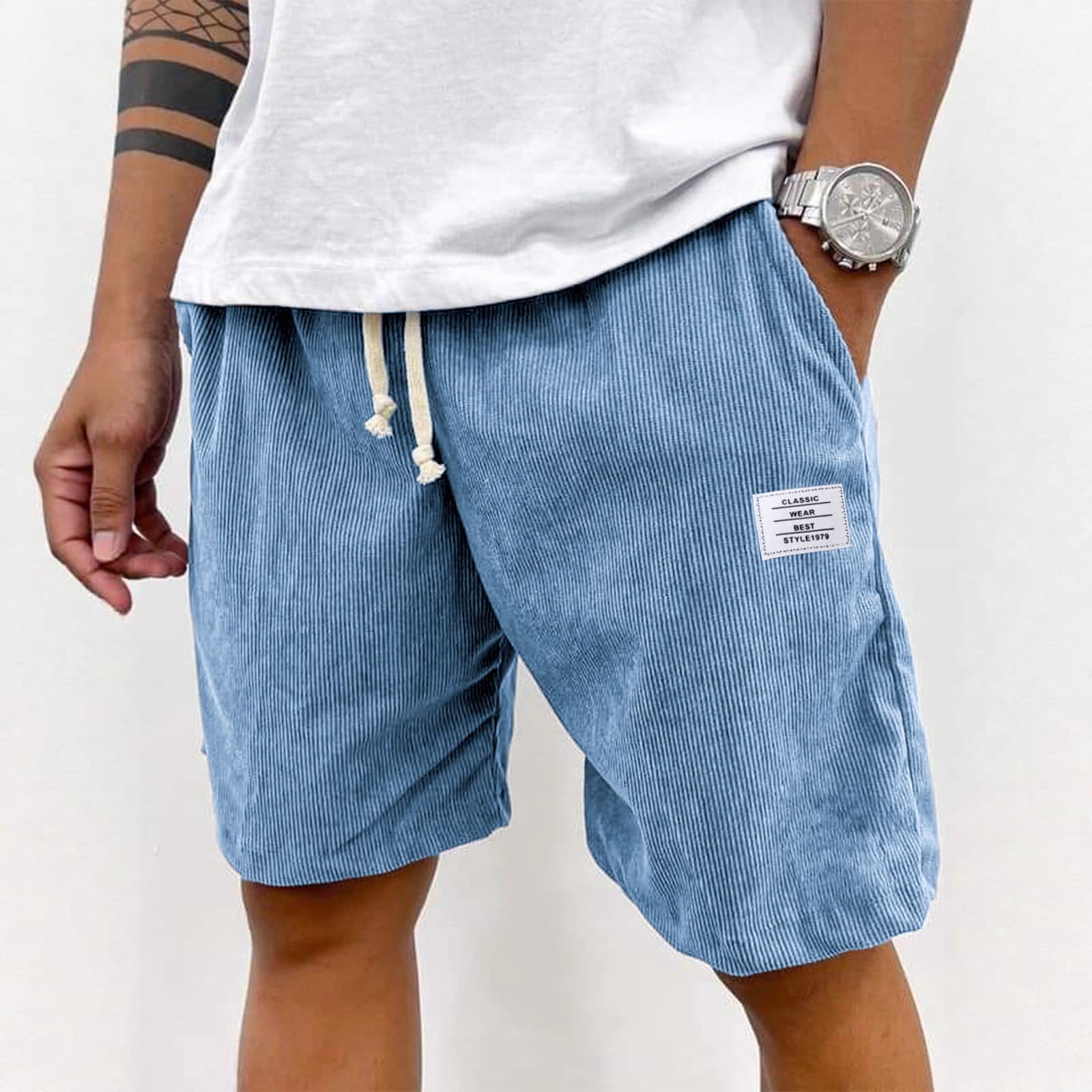 2026 cross-border Amazon new thin strip pocket white label versatile trendy five-quarter pants casual men's drawstring shorts