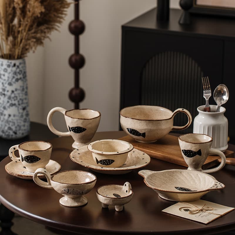 Meijiahui Handmade Ceramic Double Fish Double Handle Soup Bowl Fruit Salad Noodle Bowl Underglaze Color Tableware Basin Plate Mug Cup
