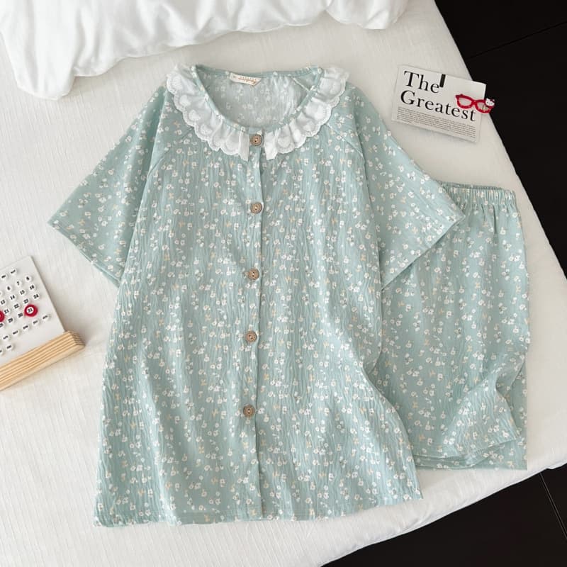 French Floral Print Pajama Set for Women Summer Cloud Cotton Short Sleeve Top and Shorts Set High-End Sweet Loungewear Cross-Border Wholesale