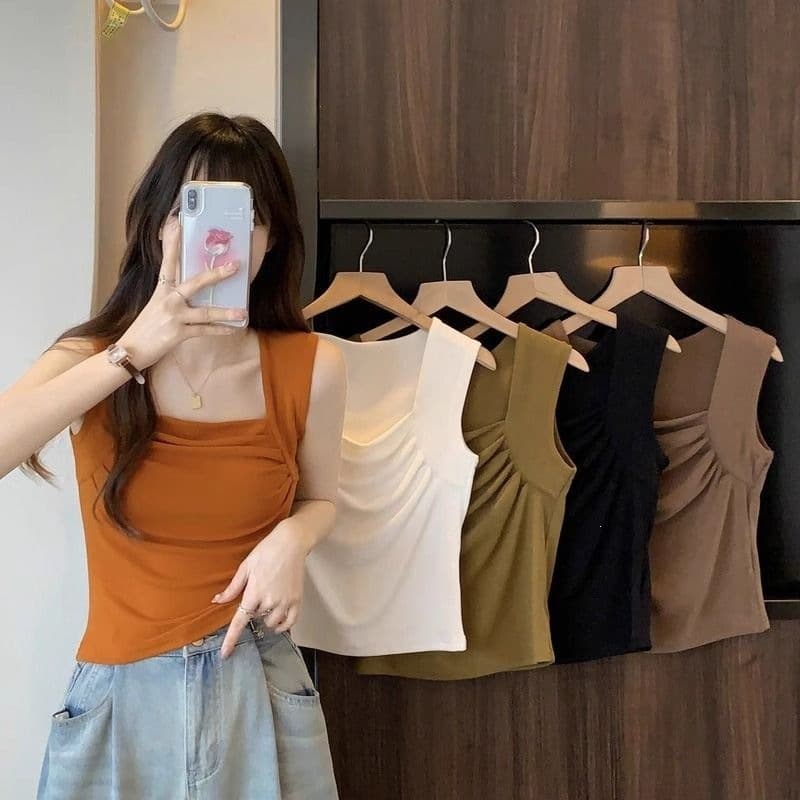 Plus Size Women's Pleated Square Neck Vest Tank Top Summer Fitted Short Sleeveless Top