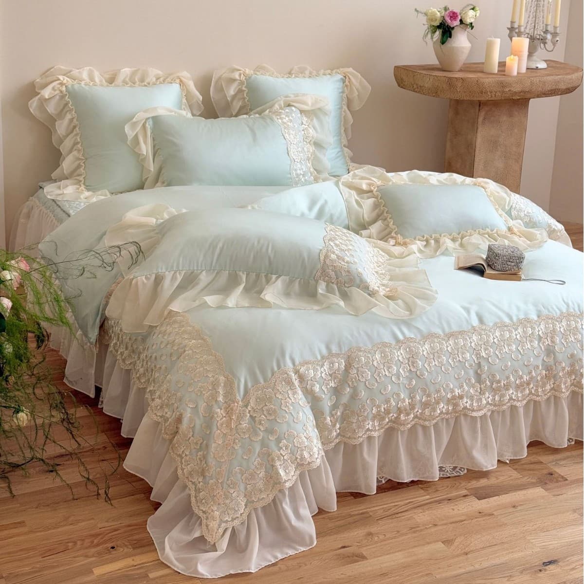 French Princess Style 100% Cotton Long-Staple Bedding Set, Pure Cotton Lace Trim Duvet Cover, Fitted Sheet, Bedspread, Light Luxury Bedding