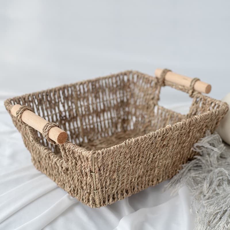 Creative Woven Grass Storage Basket for Desktop Cosmetics and Miscellaneous Items, Square Toy and Snack Storage Box, Sea Grass Weaving