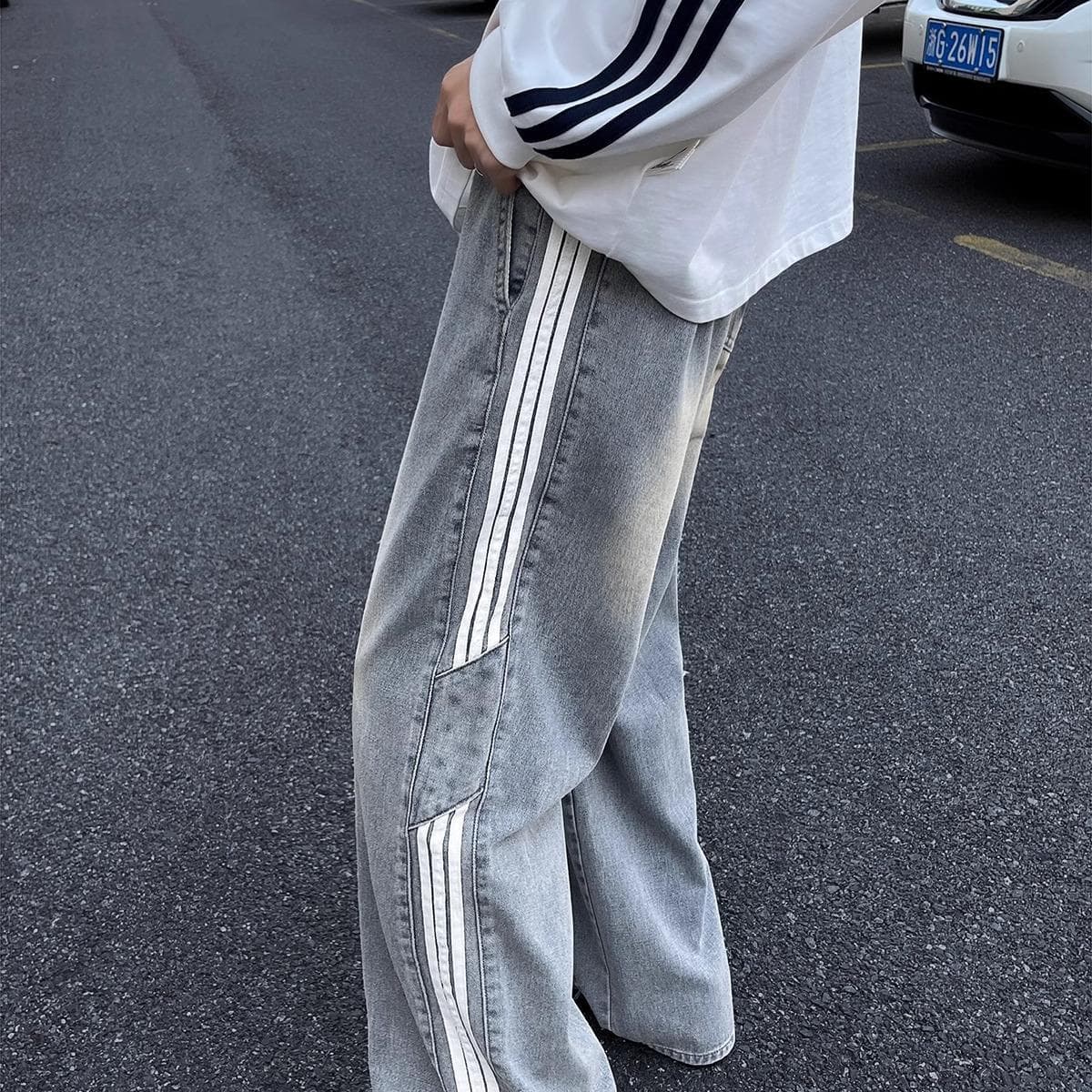 Striped Jeans for Men and Women Straight Loose Elastic Waist Wide Leg Pants Streetwear American Retro Floor-Length Jeans
