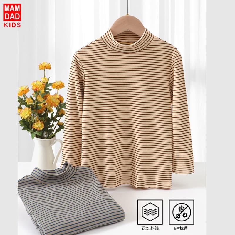 Children's Half Turtleneck Thermal Top Striped Versatile Parent-Child Style Adult Autumn Winter De Velvet Thermal 5A