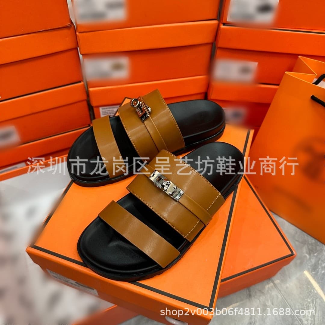 Cross-border Large Size Women's Summer Casual Flat Sandals, Couple Style One-Strap Sandals with H Metal Buckle