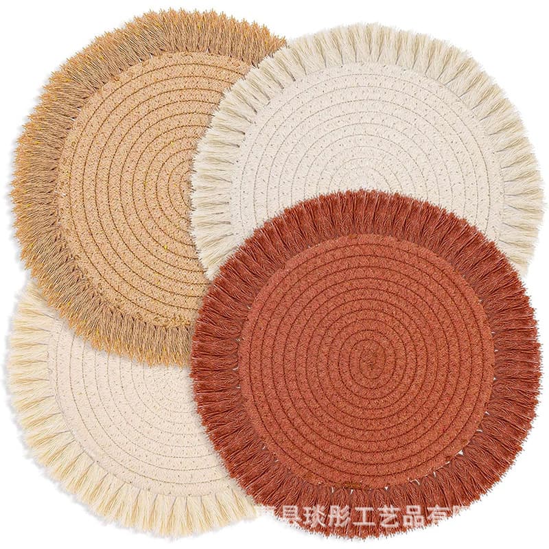 Japanese-Style Cotton Rope Crochet Woven Placemat Round Tassel Edge Coaster Plate Mat Non-Slip Creative Background Decoration Western Dining Mat