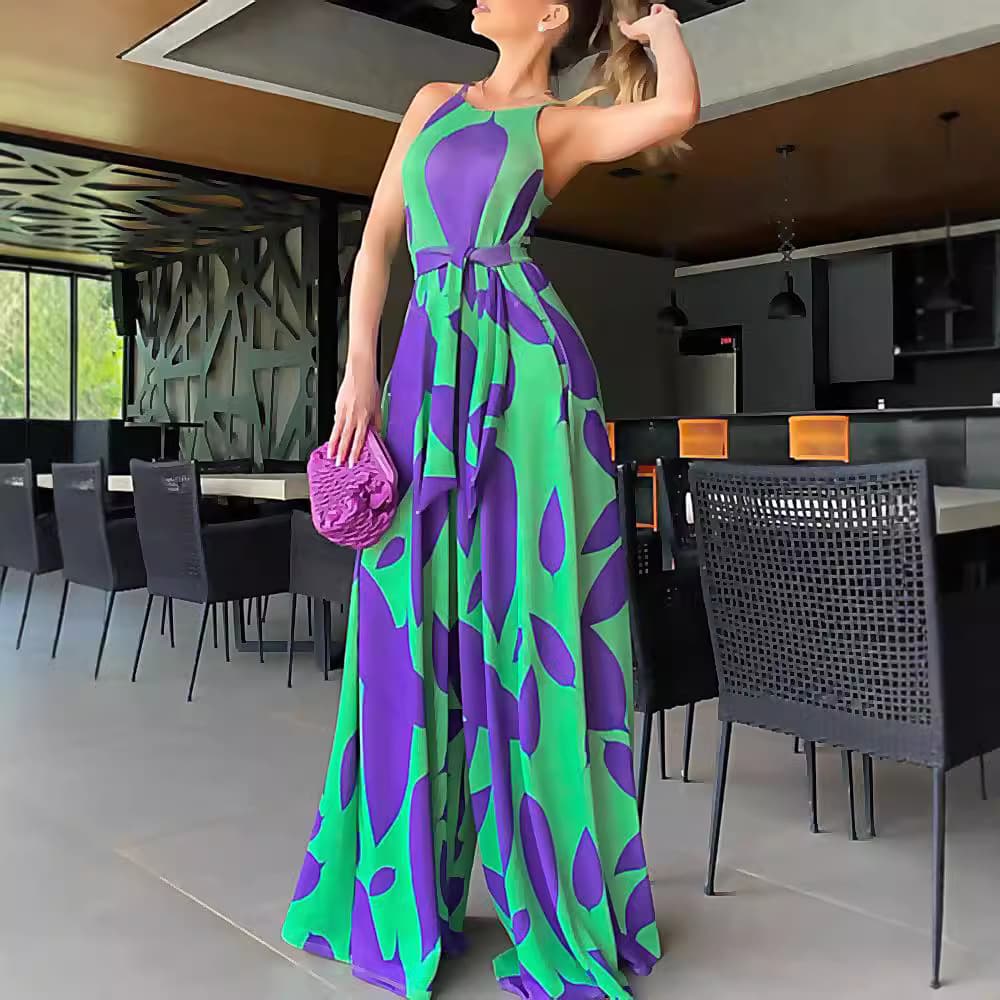 Elegant Commuter Sleeveless High Waist Green Floral Print One-Piece Dress Polyester Fiber Straight Leg Long Pant High Waist