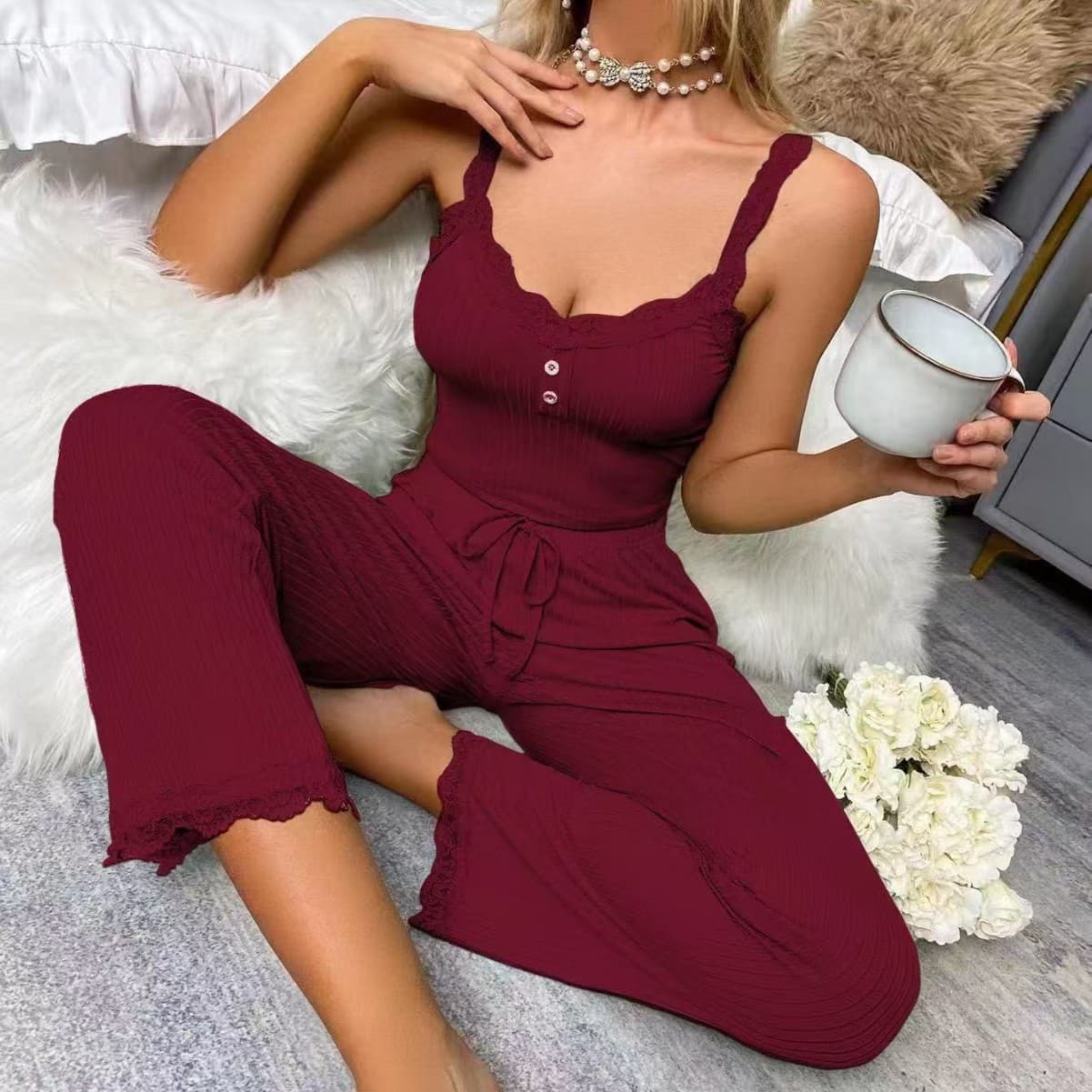 Cross-Border Bestseller European American Style Lace Camisole Pajama Set for Women Summer Thin Homewear Wear-Out Two-Piece Set