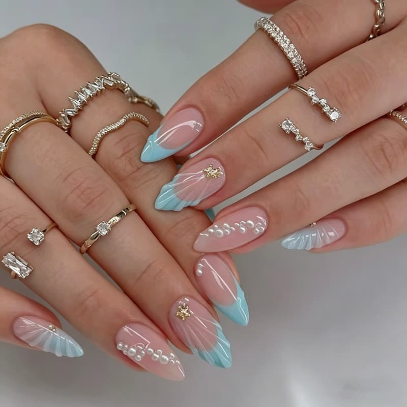 European and American Wearable Nails French 3D Shell Starfish Embossed Press-On Nails Wholesale