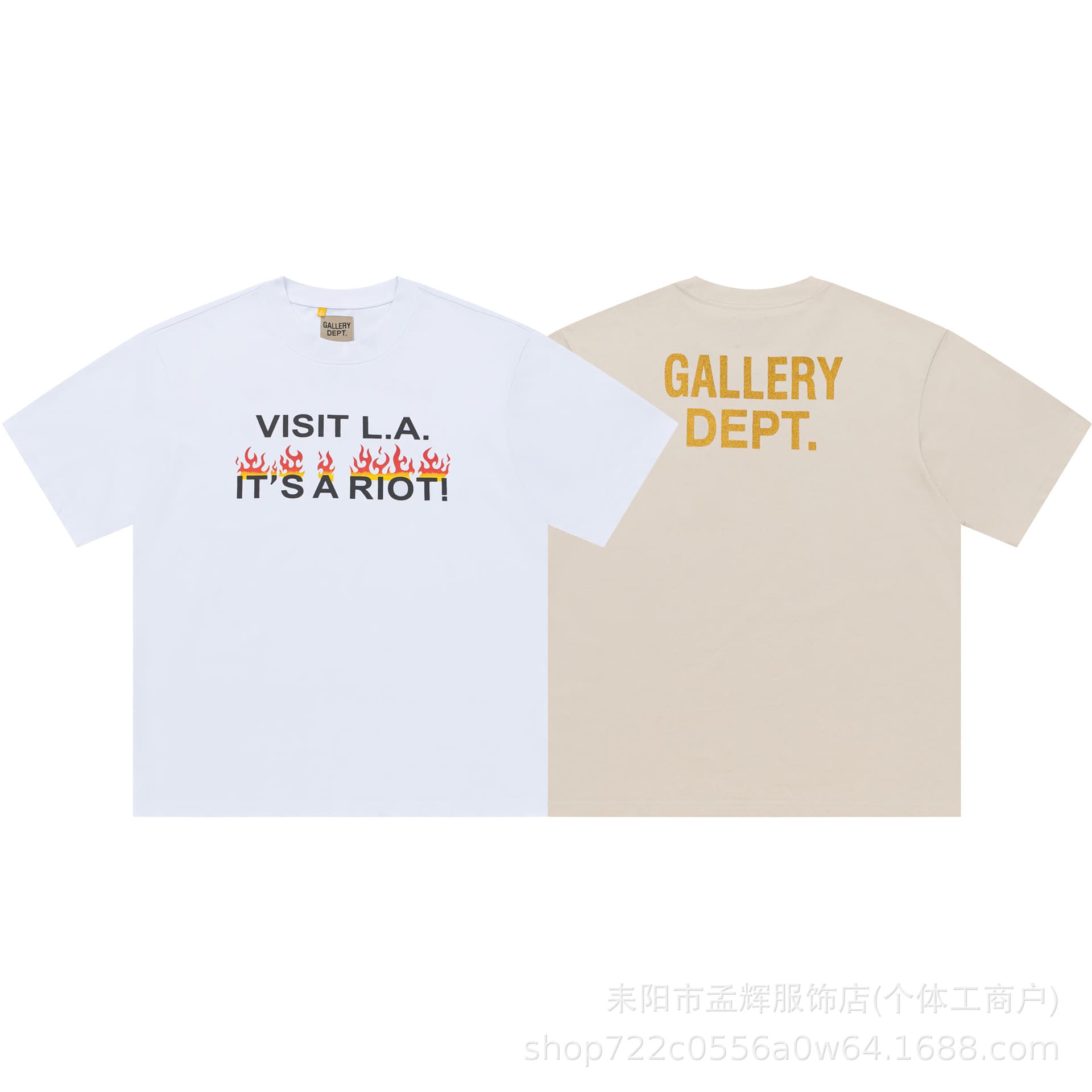 American High Street Style Gallery Dept T-Shirt with Los Angeles Riot Flame Letter Print, Unisex Short-Sleeve