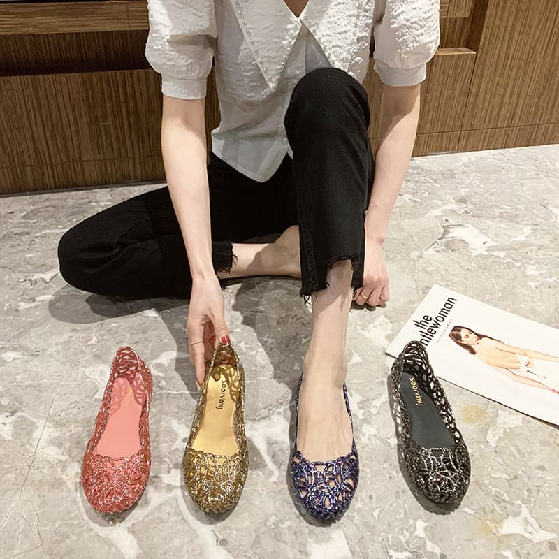 Jelly Shoes for Women Summer Hollow Bird's Nest Glitter Flat Round Toe Plastic Non-Slip Crystal Sandals Factory Direct