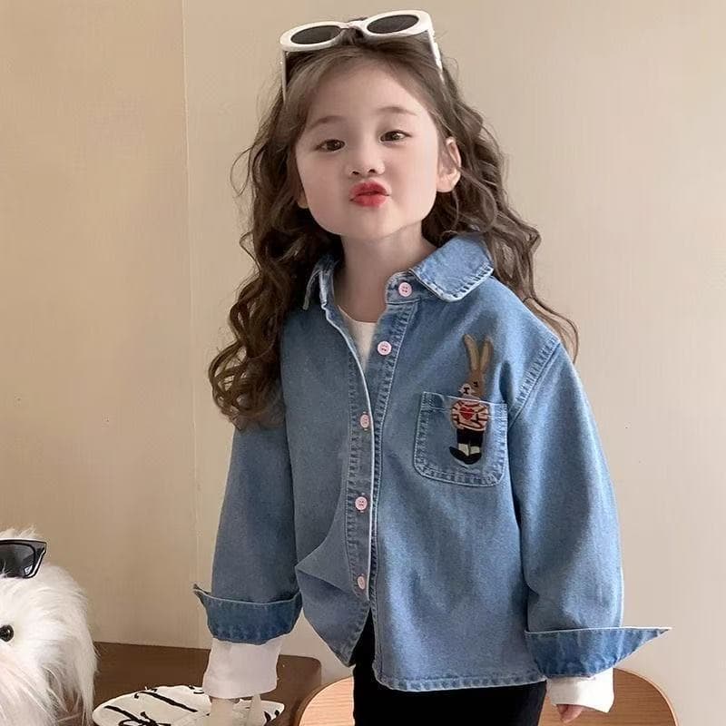 Girls' Autumn Korean Denim Shirt Kindergarten Baby College Style Thin Cardigan Jacket Shirt Bottoming Shirt Trendy