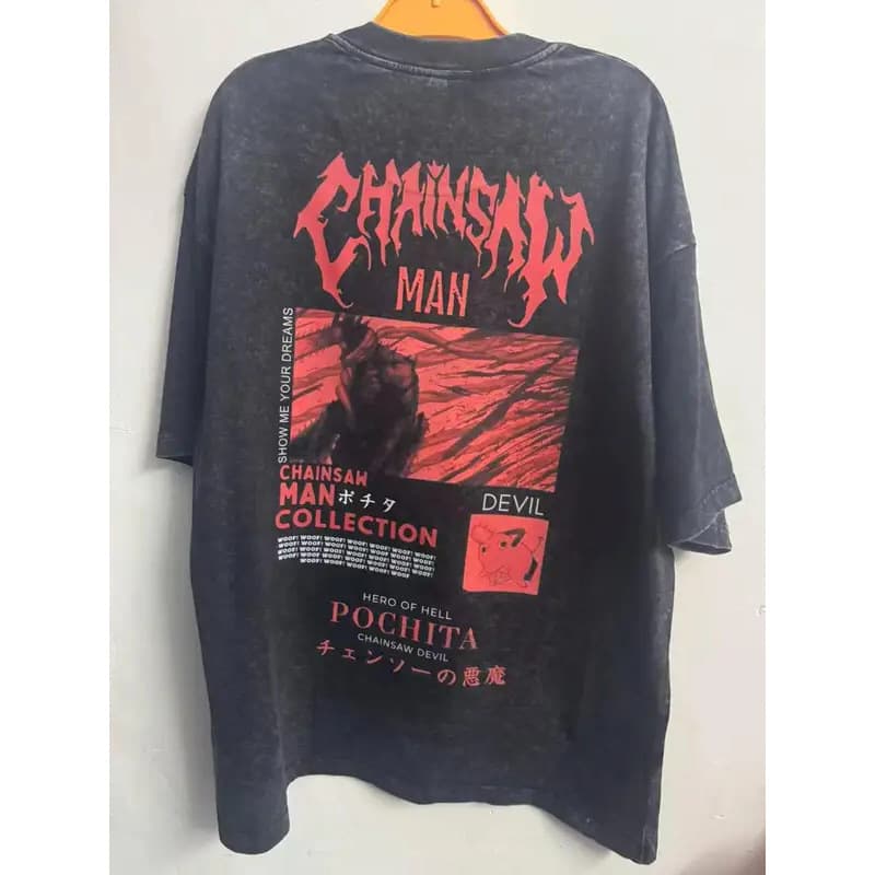 Cross-border EU size pure cotton vintage worn 230g Chainsaw Man Reze Arc Devil acid wash loose anime T-shirt