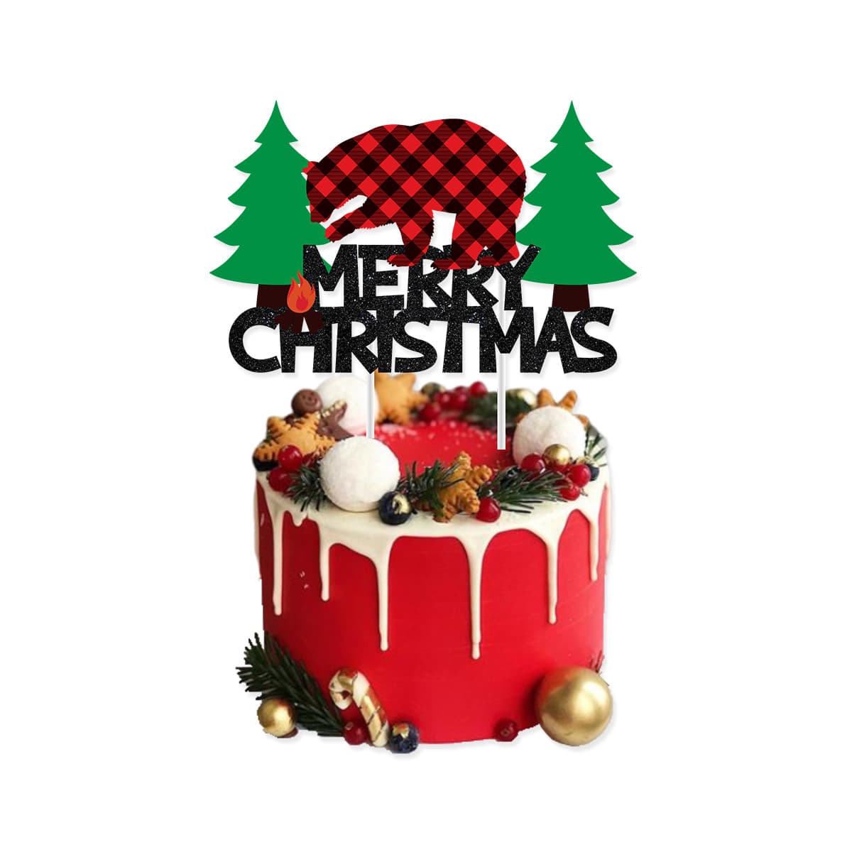 Cross-border Christmas Theme Party Decoration Christmas Tree Plaid Bear MERRY CHRISTMAS Cake Topper