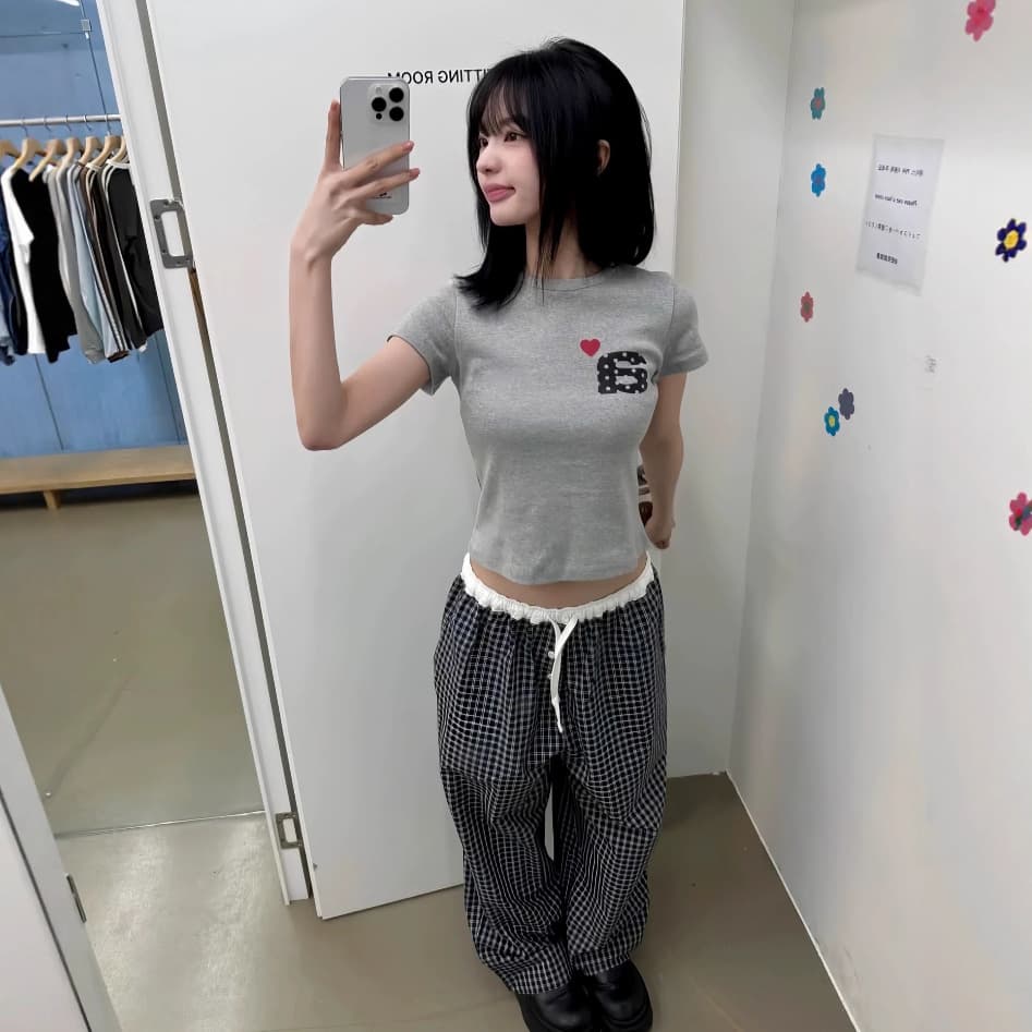 Korean trendy brand ae* heart a-letter T-shirt for women, 26 summer slim short style campus wave dot round neck short sleeve