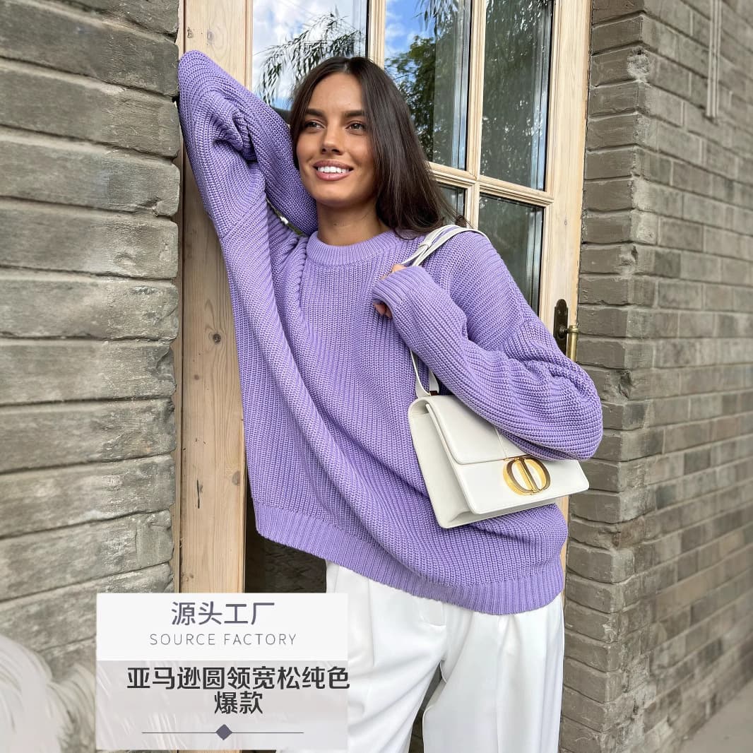 2023 Cross-border Amazon Loose Fall/Winter New Round Neck Fashion Pullover Sweater Women's Solid Loose Fit