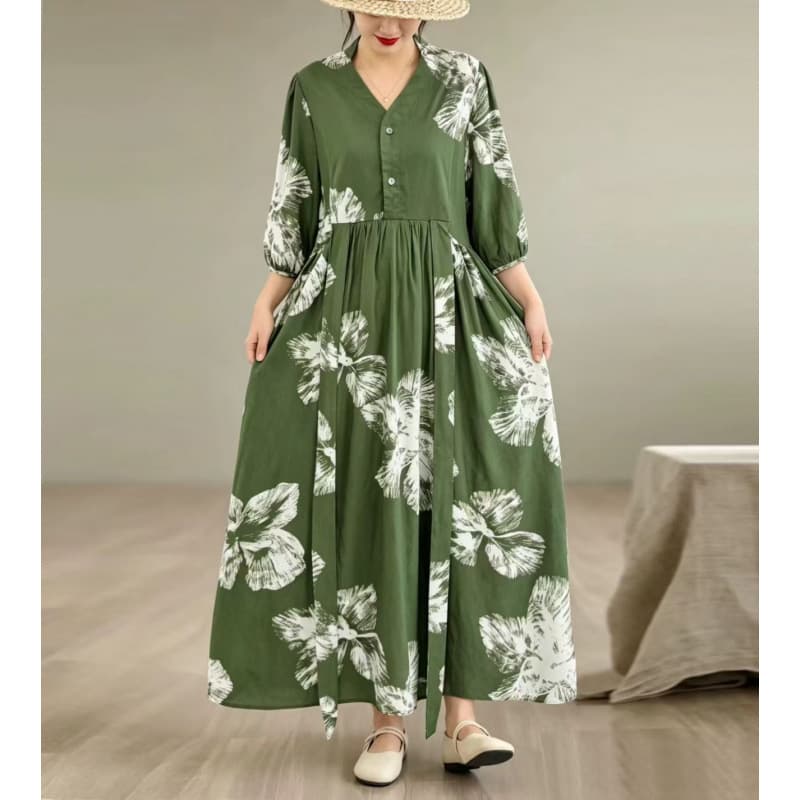 2026 summer new cotton and linen printed V-neck loose large size women's loose slimming MM dress 92214#