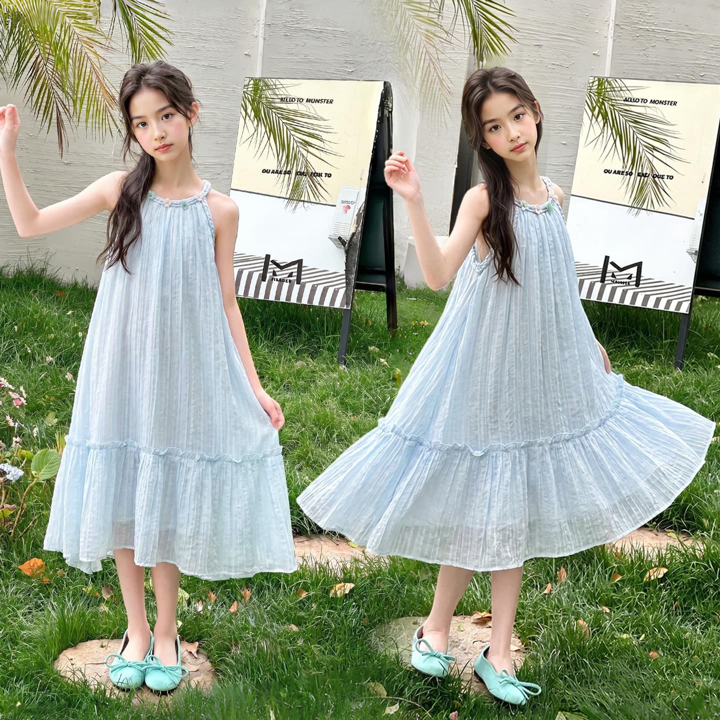 Summer Girls' Sleeveless Dress, Children's Clothing for Kids, Halter Vest Dress, Beach Vacation Style Long Dress, Trendy