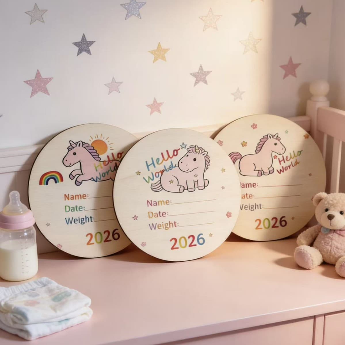 Cross-border Amazon 2026 Hello world Year of the Horse new product baby birth wooden commemorative plaque