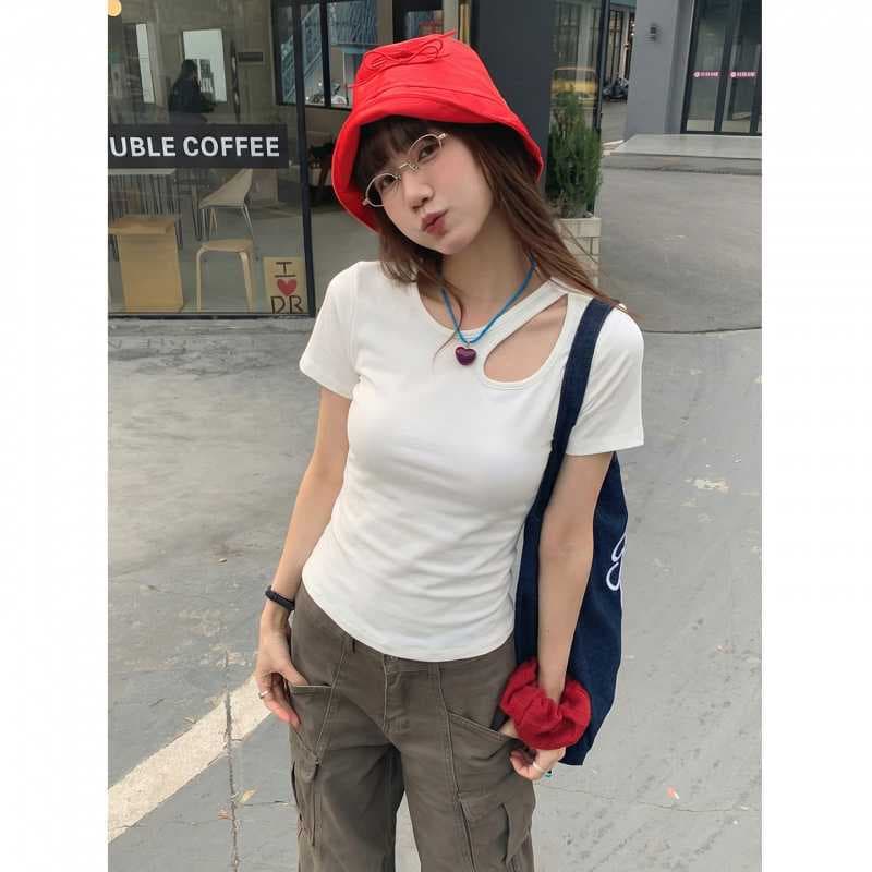 Real Photo#Short Sleeve T-Shirt Women Pure Desire Hollow Out Collarbone Design Sense Niche Short Top Women Half Sleeve T-Shirt Trendy