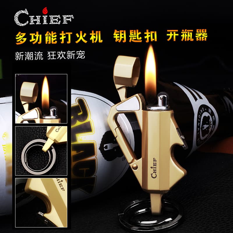 Chief Personality Keychain Lighter Creative Multifunctional Outdoor Portable Beer Bottle Opener Kerosene Lighter