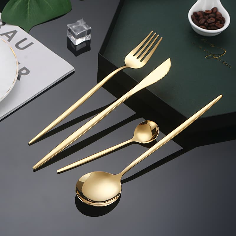 Portuguese style mirror gold western food knife, fork and spoon tableware, steak knife, fork, dessert tea spoon, cross-border popular four-piece set