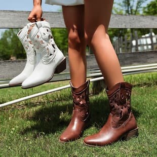 Export 2026 Summer New Hollow Western Cowboy Boots for Women, Prairie Style Short Boots, Vintage Thick Heel Women's Boots