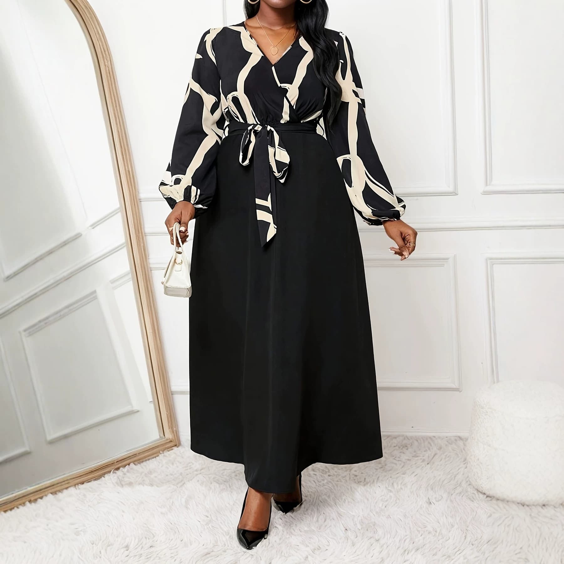 Cross-border foreign trade European and American large size 2026 new autumn style elegant V-neck printed mid-length dress