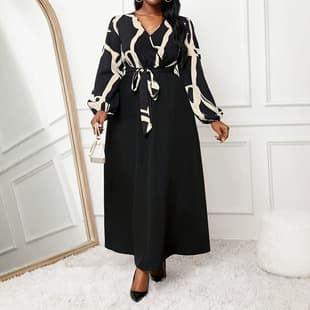 Cross-border Trade Plus Size 2026 Autumn New Elegant V-Neck Printed Midi Dress