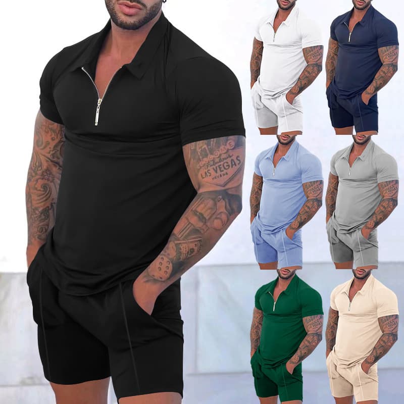 Cross-border Men's Short Sleeve Set European and American New Style Independent Station Source Casual Contrast Color Polo Zip-up Collar Shirt